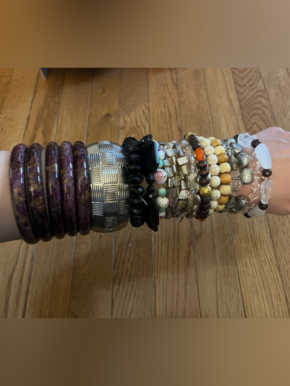 Mixed Bead and Bangle Bracelet collection - Purple, Black, Ivory, Gold, Clear
